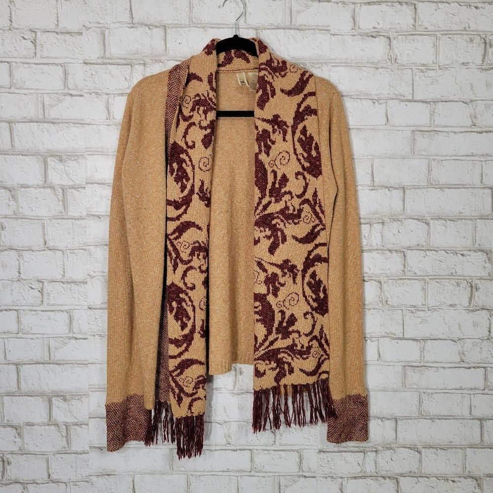 BKE burgundy‎ tan fringe cardigan